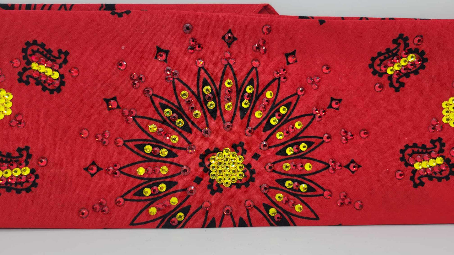 LeeAnnette Wide Red Paisley Bandana with Red and Yellow Austrian Crystals (Sku4407)