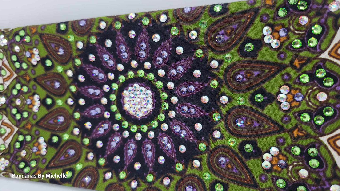 LeeAnnette Green Indian Bandana with Light Purple, Light Green and Aurora Borealis Austrian Crystals (Sku4411)