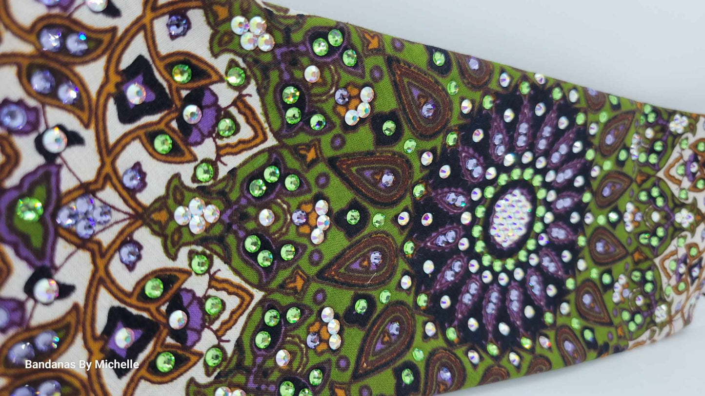 LeeAnnette Green Indian Bandana with Light Purple, Light Green and Aurora Borealis Austrian Crystals (Sku4411)