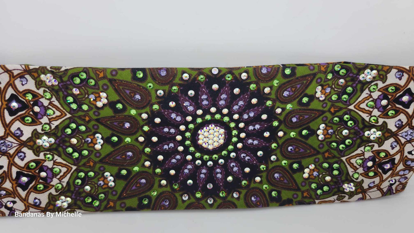 LeeAnnette Green Indian Bandana with Light Purple, Light Green and Aurora Borealis Austrian Crystals (Sku4411)