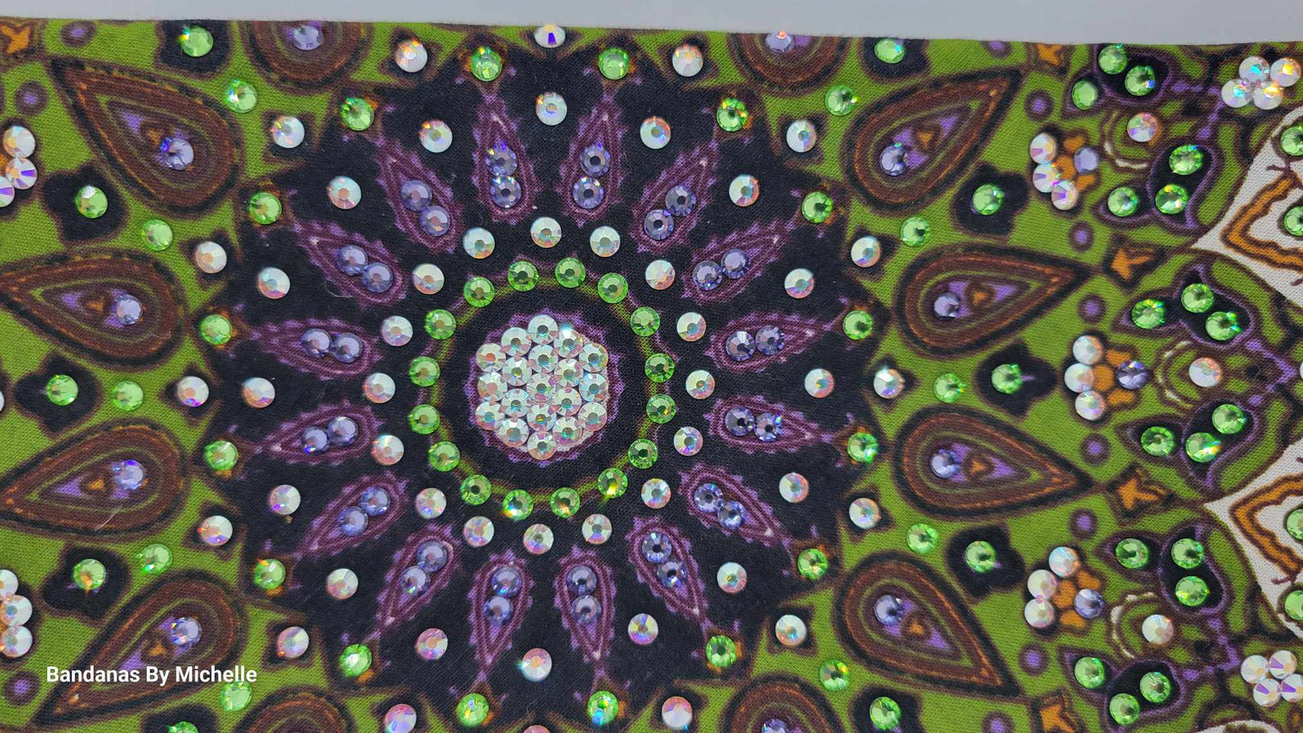 LeeAnnette Green Indian Bandana with Light Purple, Light Green and Aurora Borealis Austrian Crystals (Sku4411)