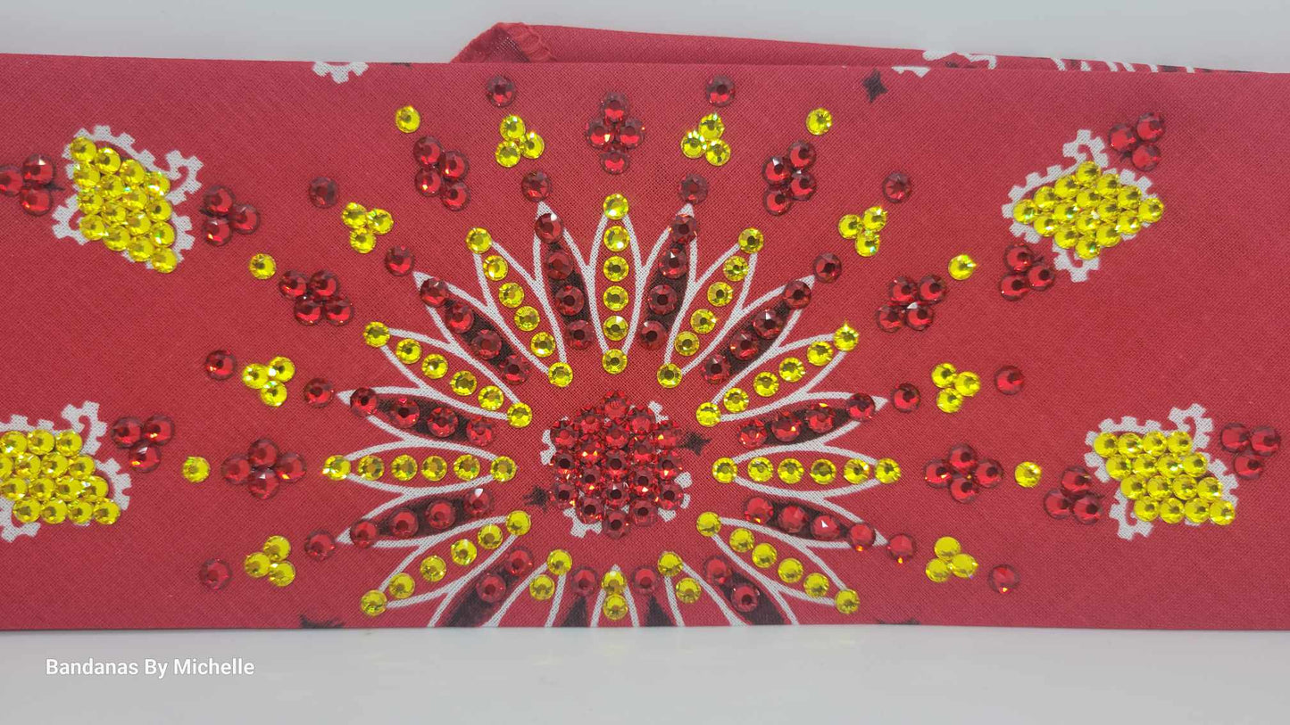 LeeAnnette Red Paisley Bandana with Yellow and Red Austrian Crystals (Sku4417)