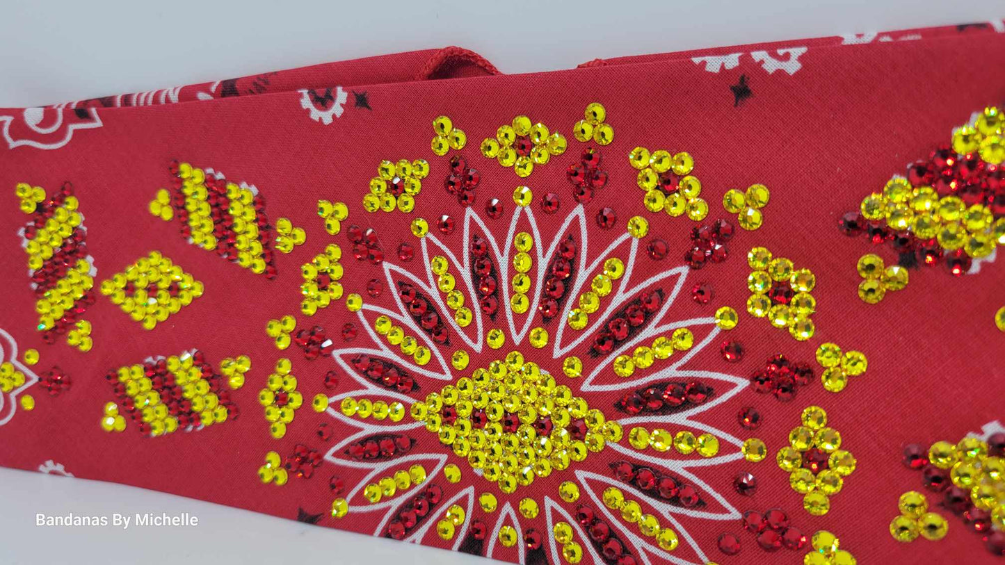 Super LeeAnnette Red Paisley Bandana with Red and Yellow Austrian Crystals (Sku4418)