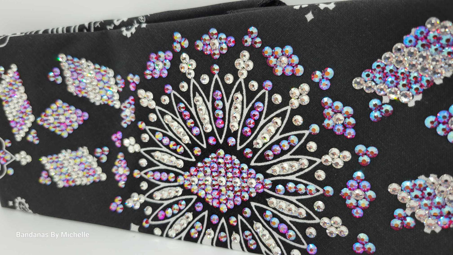 Super LeeAnnette Black Paisley Bandana with Red Shimmer and Diamond Clear Austrian Crystals (Sku4483)