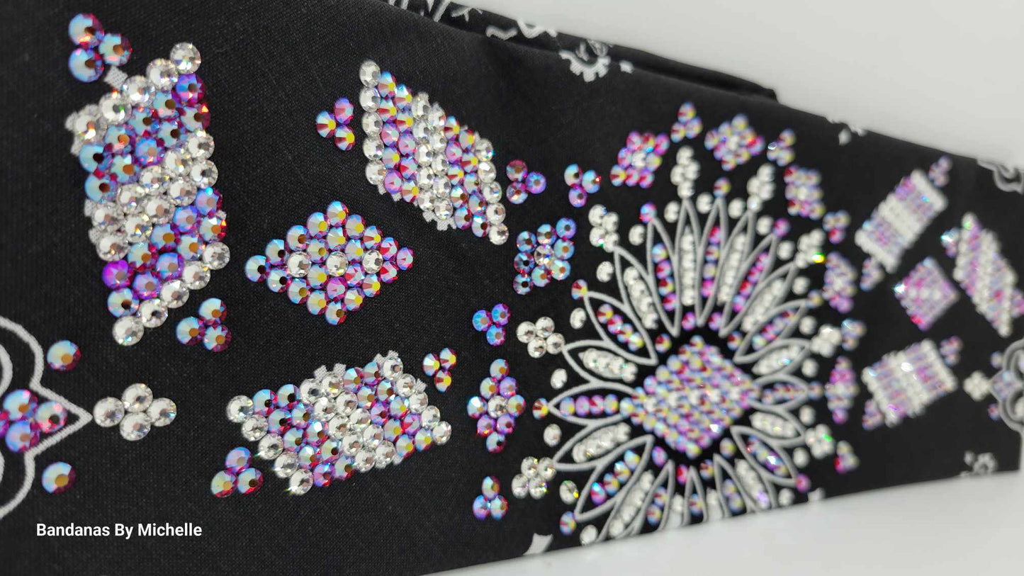 Super LeeAnnette Black Paisley Bandana with Red Shimmer and Diamond Clear Austrian Crystals (Sku4483)
