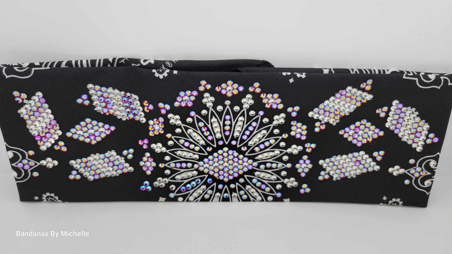 Super LeeAnnette Black Paisley Bandana with Red Shimmer and Diamond Clear Austrian Crystals (Sku4483)