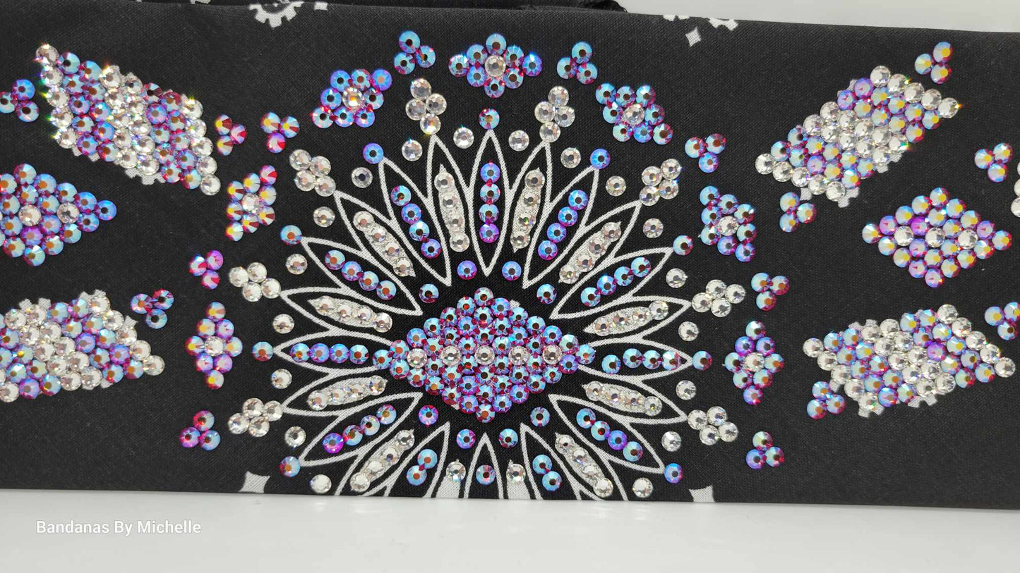 Super LeeAnnette Black Paisley Bandana with Red Shimmer and Diamond Clear Austrian Crystals (Sku4483)