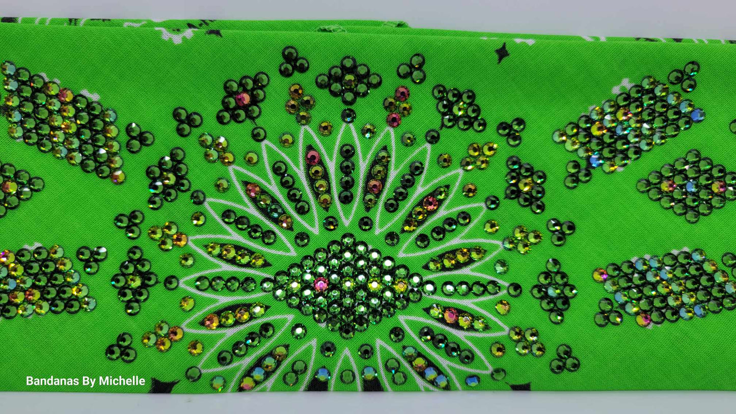 Super LeeAnnette Lime Green Paisley Bandana with Vitrail and Dark Green Austrian Crystals (Sku4485)