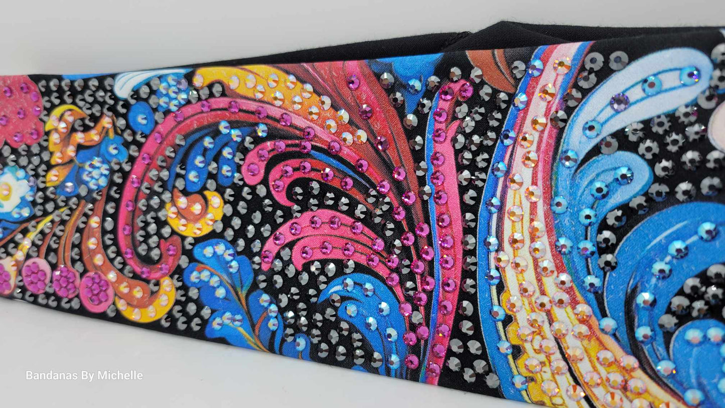 Super LeeAnnette Colorful Waves Bandana with Fuchsia, Blue Shimmer, Sun Shimmer and Black Austrian Crystals (Sku4489)