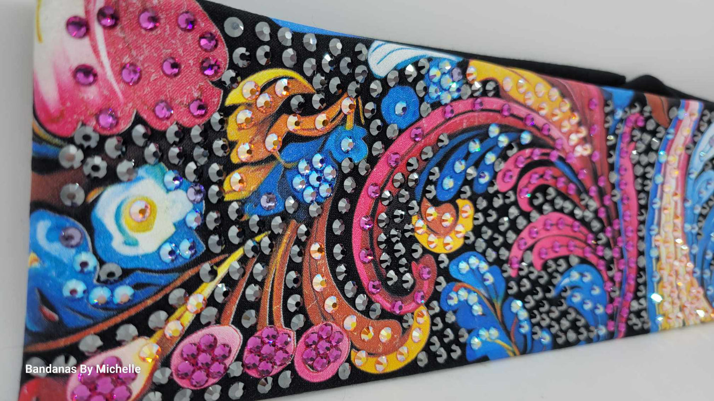 Super LeeAnnette Colorful Waves Bandana with Fuchsia, Blue Shimmer, Sun Shimmer and Black Austrian Crystals (Sku4489)
