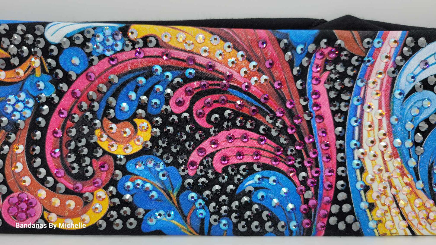 Super LeeAnnette Colorful Waves Bandana with Fuchsia, Blue Shimmer, Sun Shimmer and Black Austrian Crystals (Sku4489)