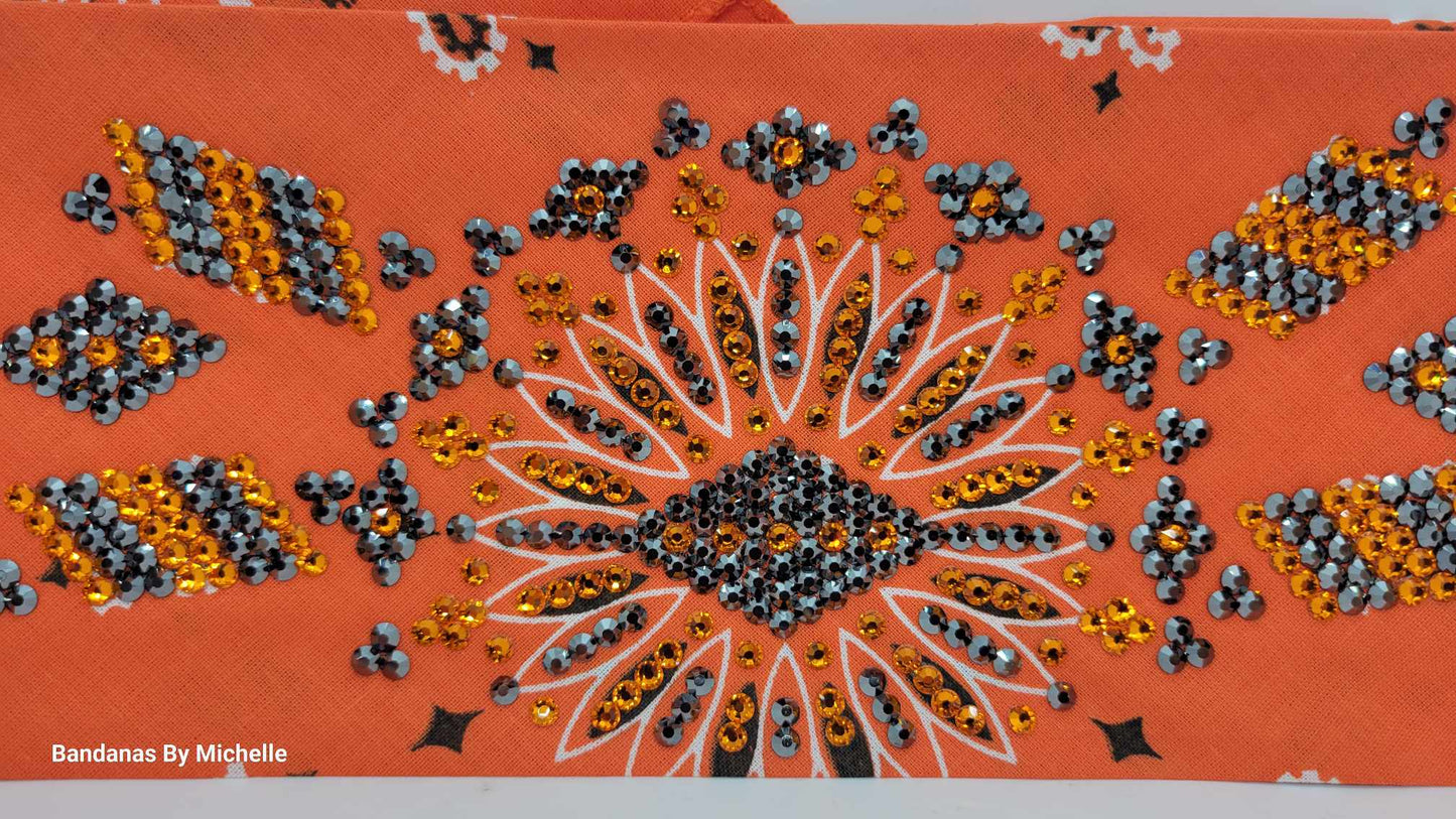 Super LeeAnnette Orange Paisley Bandana with Orange and Black Austrian Crystals (Sku4502)