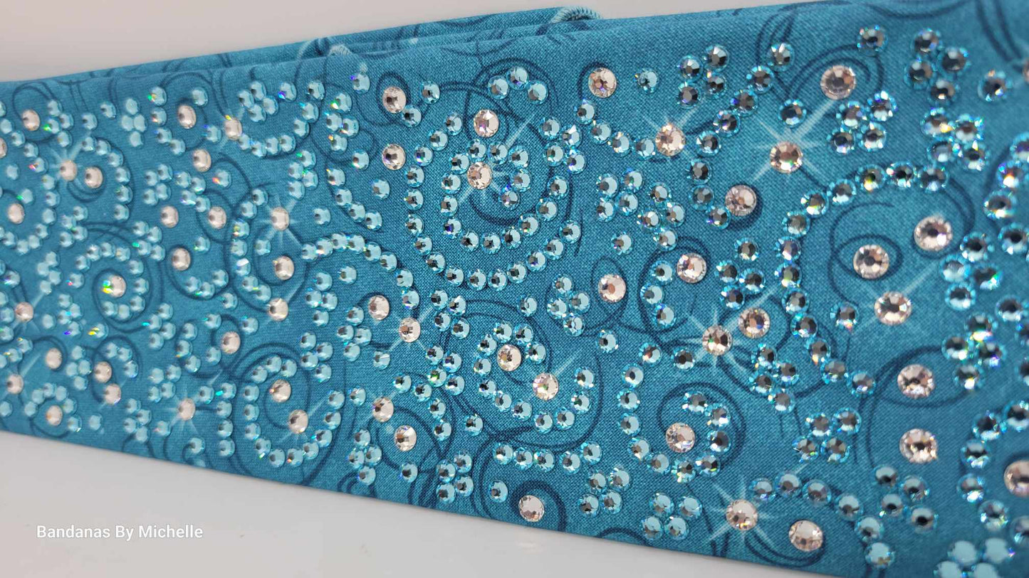 Super LeeAnnette Blue Scroll Bandana with Aqua and Diamond Clear Austrian Crystals (Sku4504)