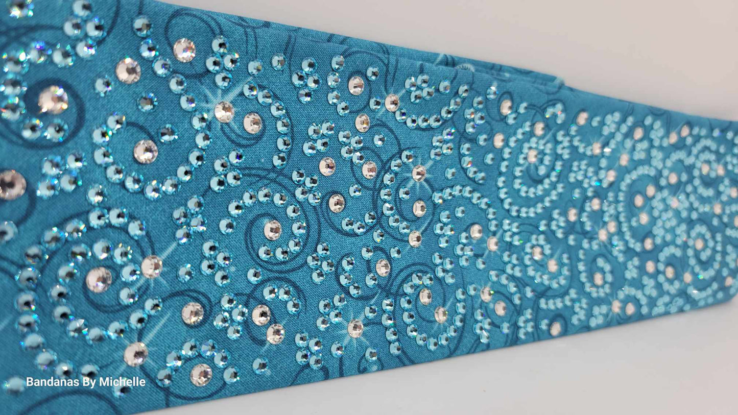 Super LeeAnnette Blue Scroll Bandana with Aqua and Diamond Clear Austrian Crystals (Sku4504)