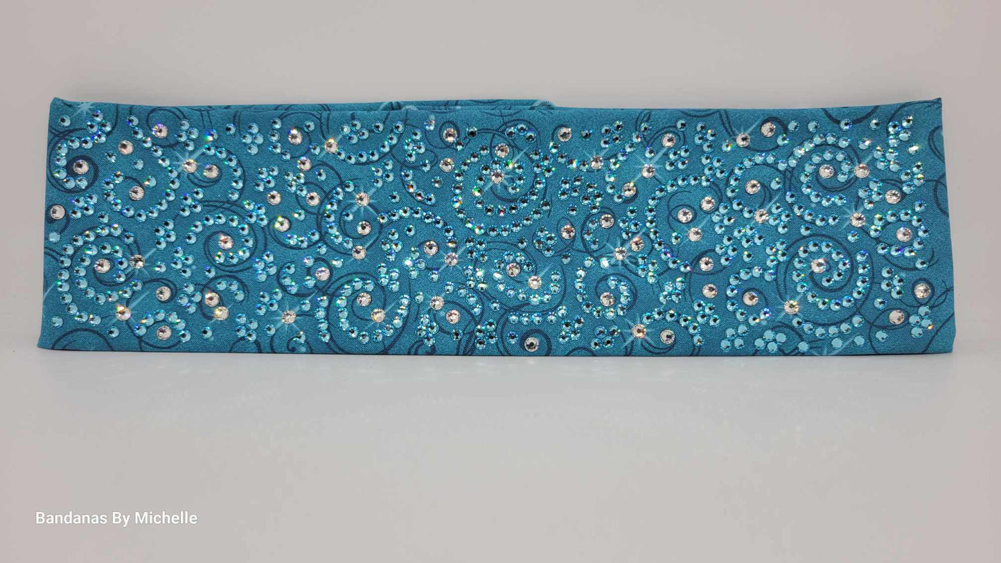 Super LeeAnnette Blue Scroll Bandana with Aqua and Diamond Clear Austrian Crystals (Sku4504)