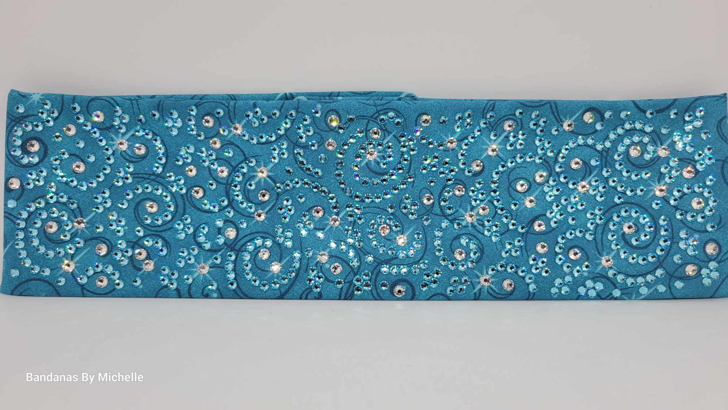 Super LeeAnnette Blue Scroll Bandana with Aqua and Diamond Clear Austrian Crystals (Sku4504)