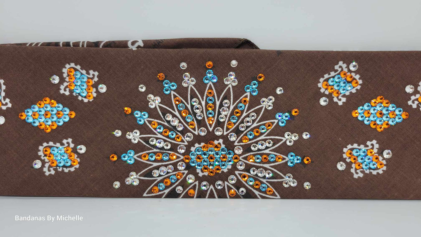 LeeAnnette Brown Paisley with Aqua, Orange and Diamond Clear Austrian Crystals (Sku4507)