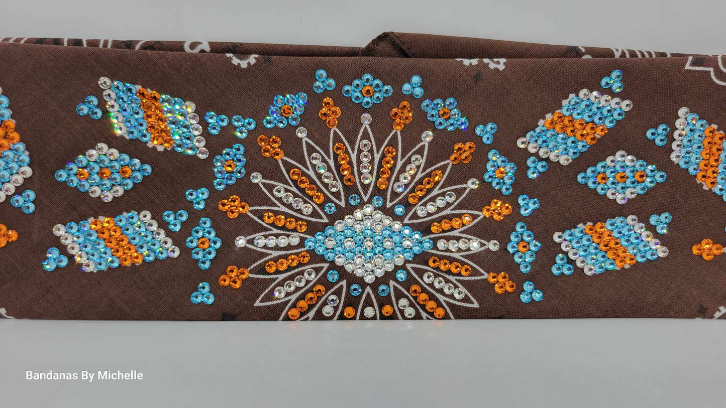 Super LeeAnnette Brown Paisley with Aqua, Orange and Diamond Clear Austrian Crystals (Sku4509)