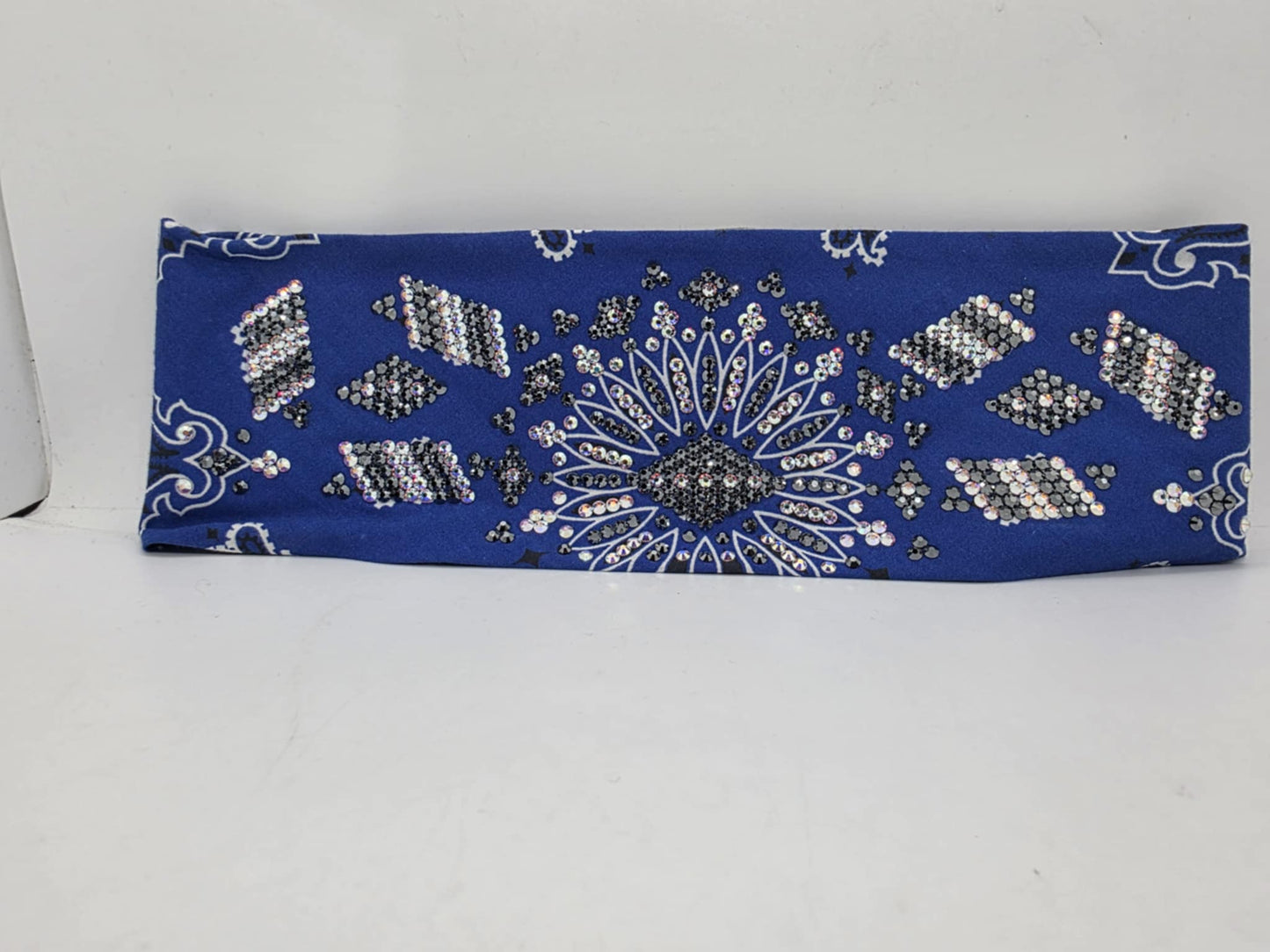 Super LeeAnnette Royal Blue Paisley Bandana with Black and Aurora Borealis Austrian Crystals (sku4548)