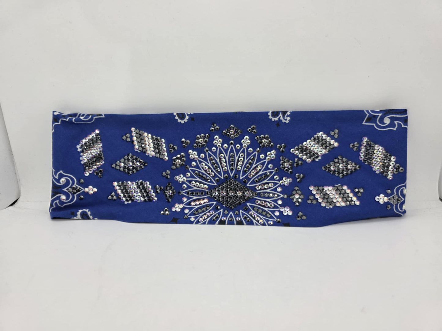 Super LeeAnnette Royal Blue Paisley Bandana with Black and Aurora Borealis Austrian Crystals (sku4548)