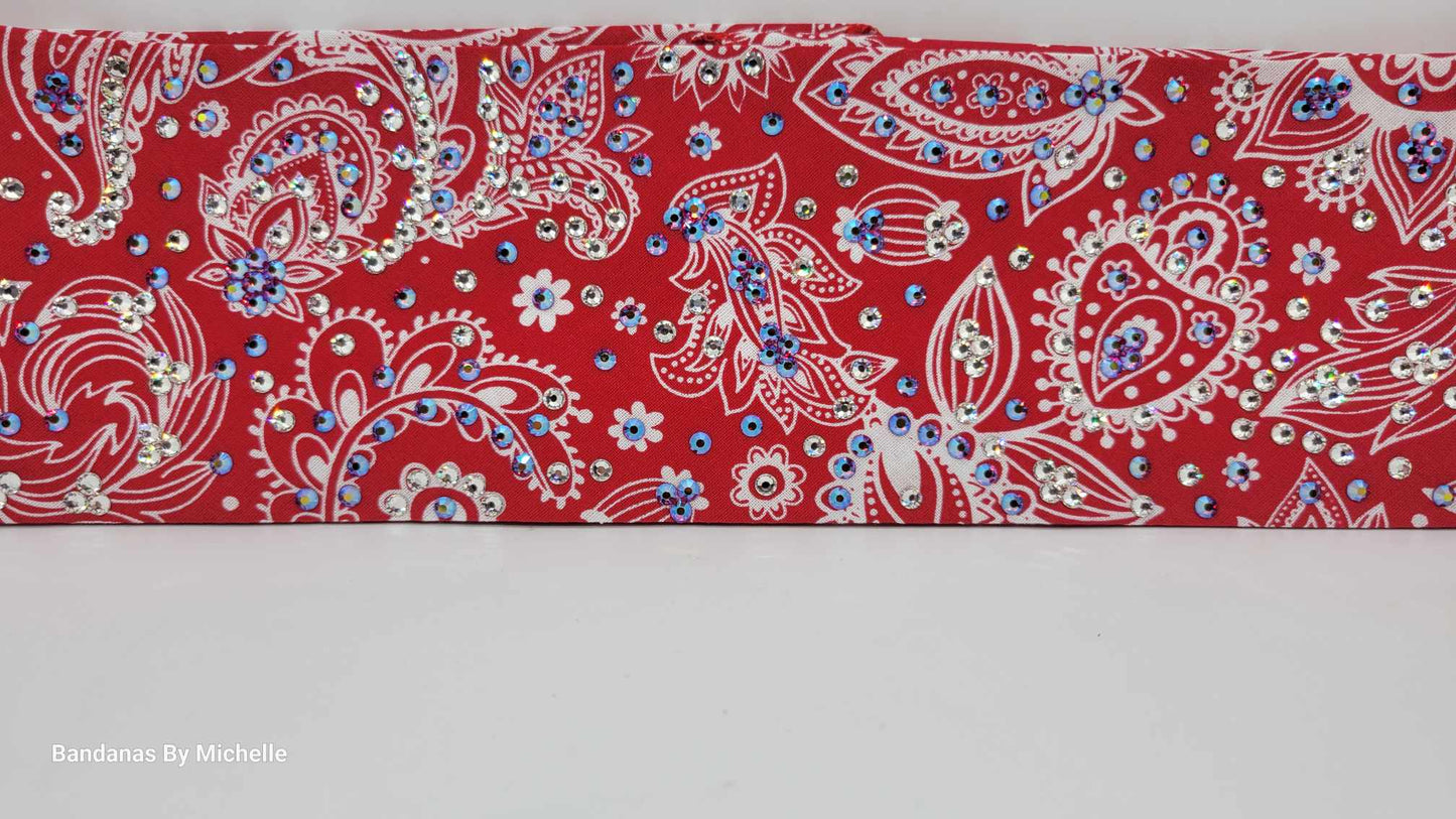LeeAnnette Fancy Red and Cream Paisley Bandana with Siam Shimmer and Diamond Clear Austrian Crystals (Sku4580)
