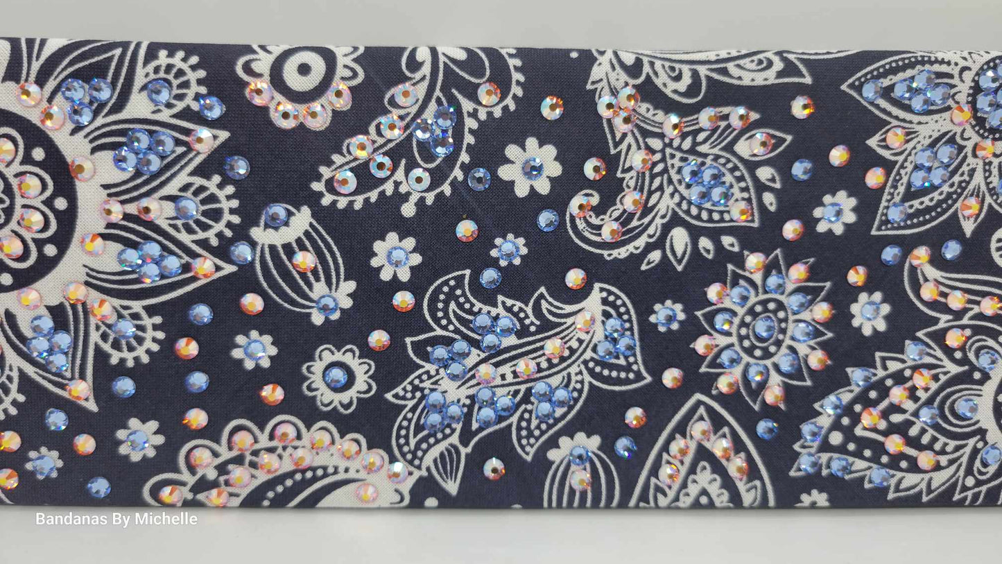 LeeAnnette Fancy Blue and Cream Paisley Bandana with Blue Shimmer and Sun Shimmer Austrian Crystals (Sku4582)