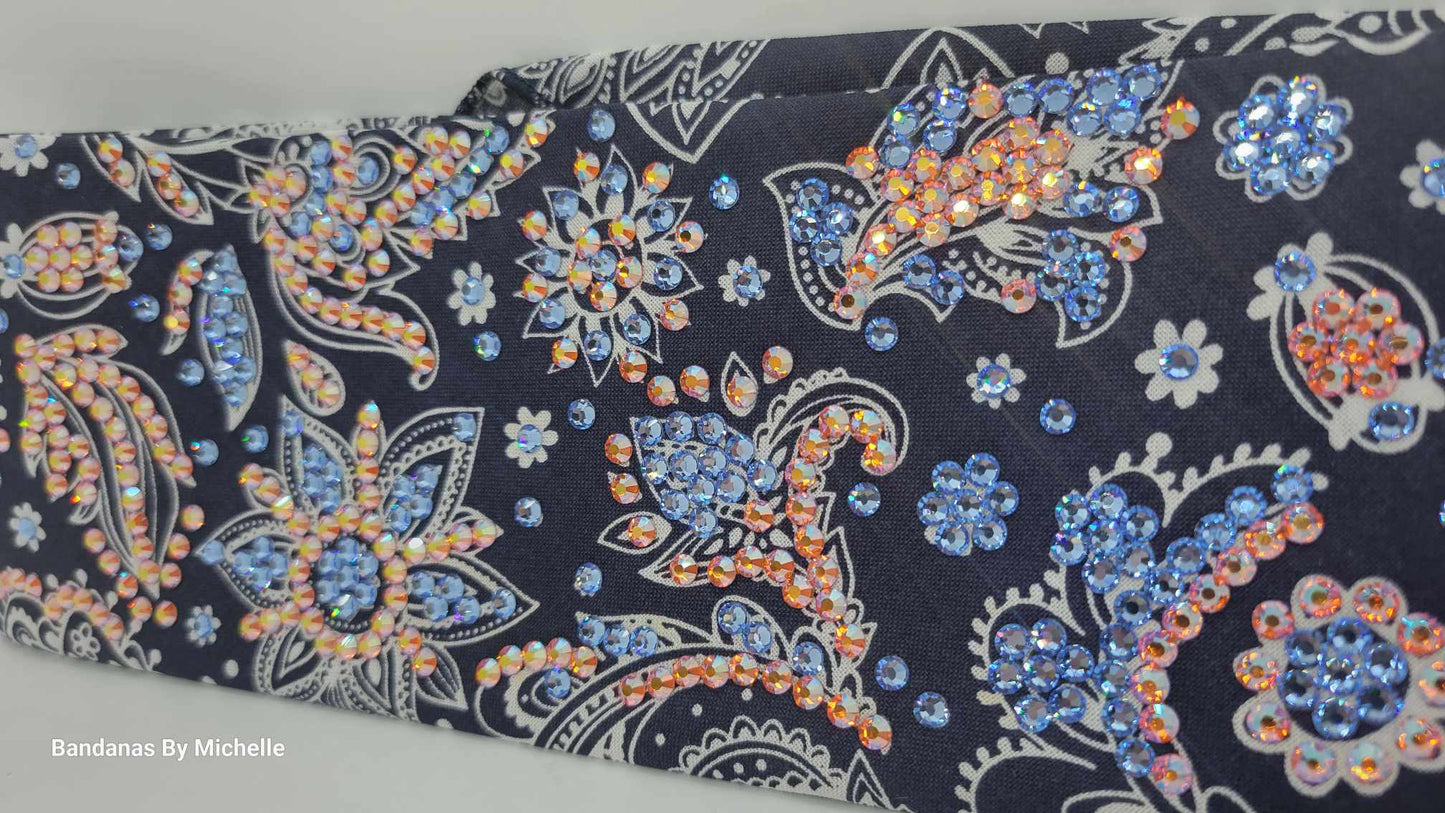Super LeeAnnette Fancy Blue and Cream Paisley Bandana with Blue Shimmer and Sun Shimmer Austrian Crystals (Sku4584)