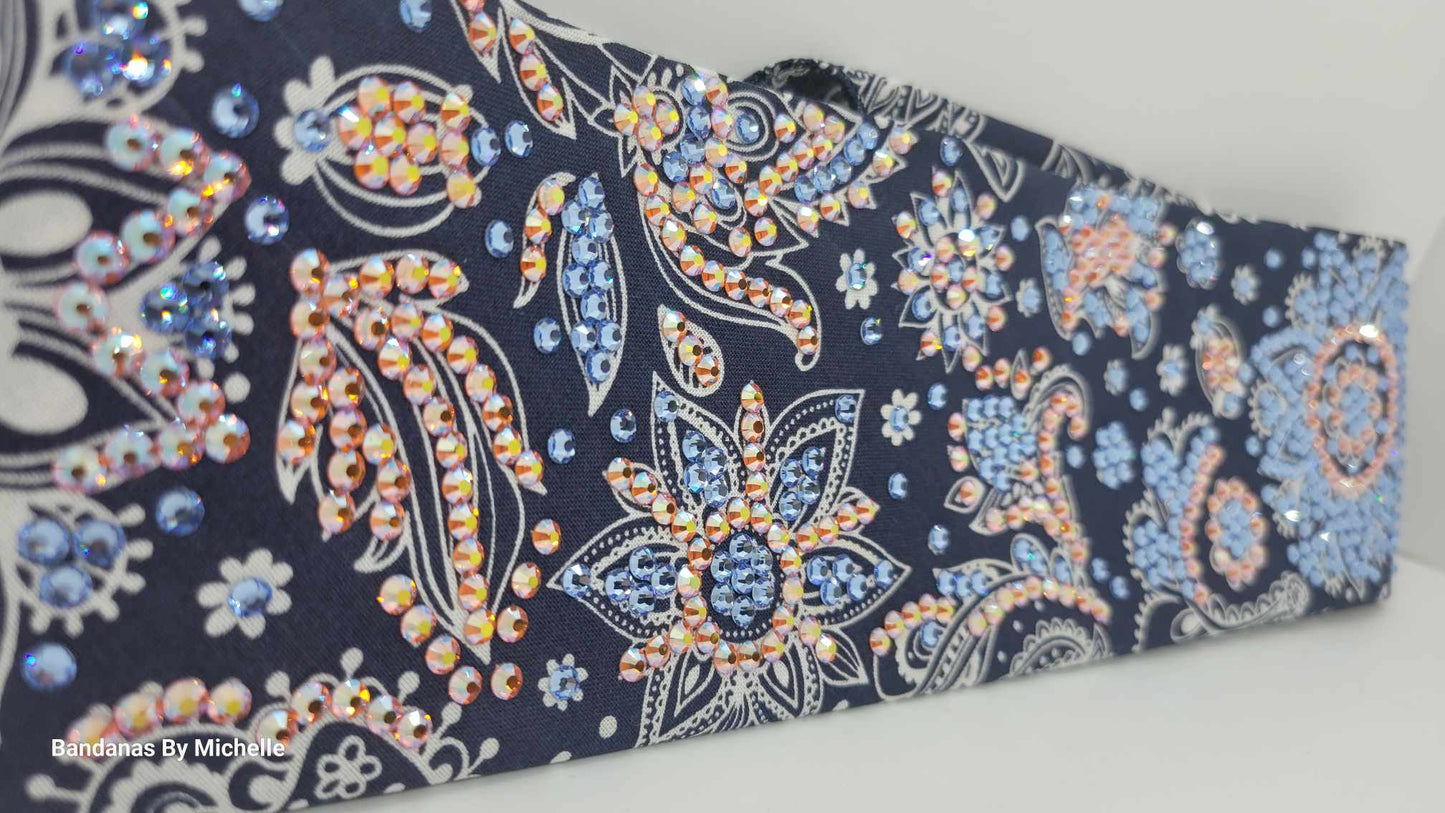 Super LeeAnnette Fancy Blue and Cream Paisley Bandana with Blue Shimmer and Sun Shimmer Austrian Crystals (Sku4584)