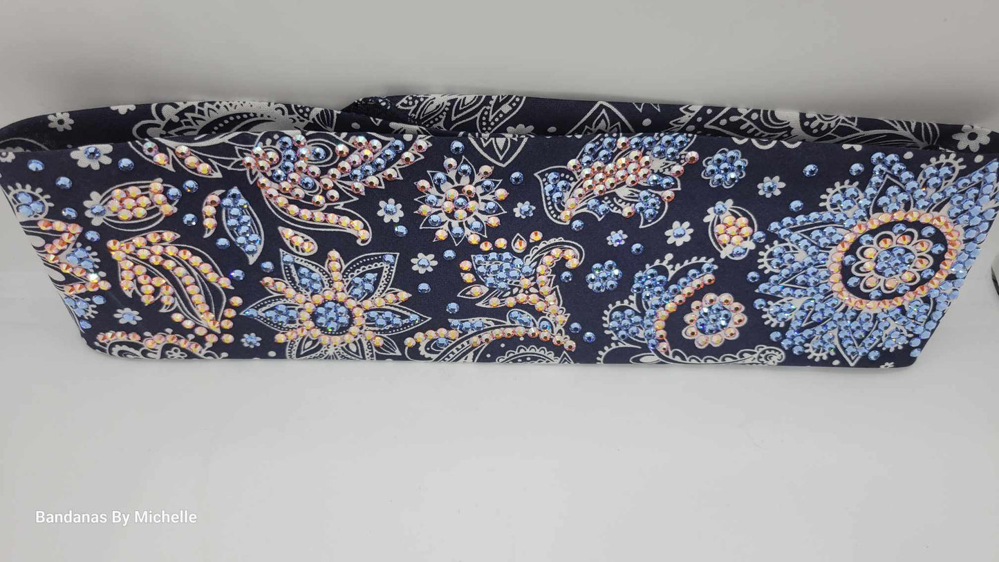 Super LeeAnnette Fancy Blue and Cream Paisley Bandana with Blue Shimmer and Sun Shimmer Austrian Crystals (Sku4584)