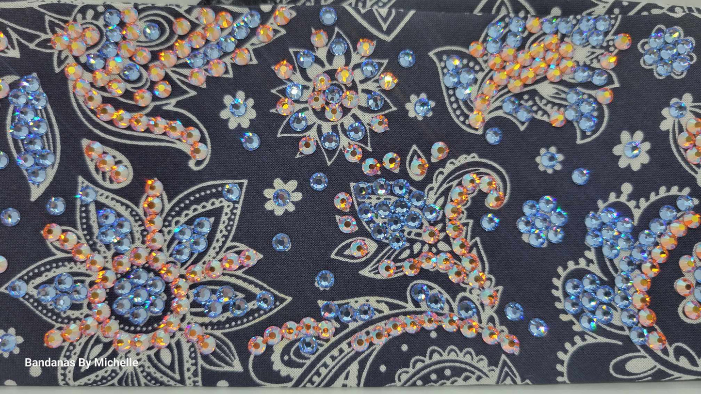 Super LeeAnnette Fancy Blue and Cream Paisley Bandana with Blue Shimmer and Sun Shimmer Austrian Crystals (Sku4584)