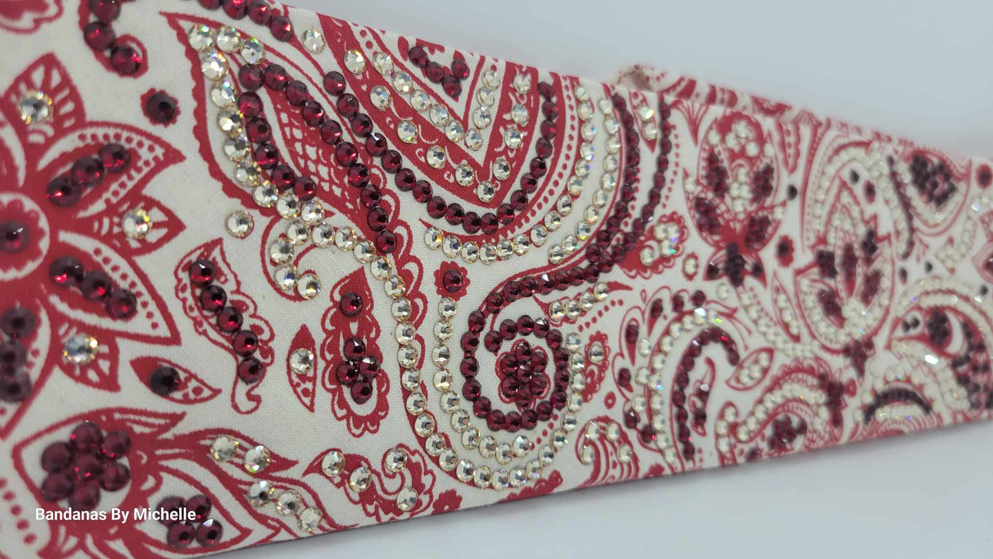 Super LeeAnnette Bandana Fancy Red and Cream Paisley with Dark Red and Honey Austrian Crystals (Sku4585)