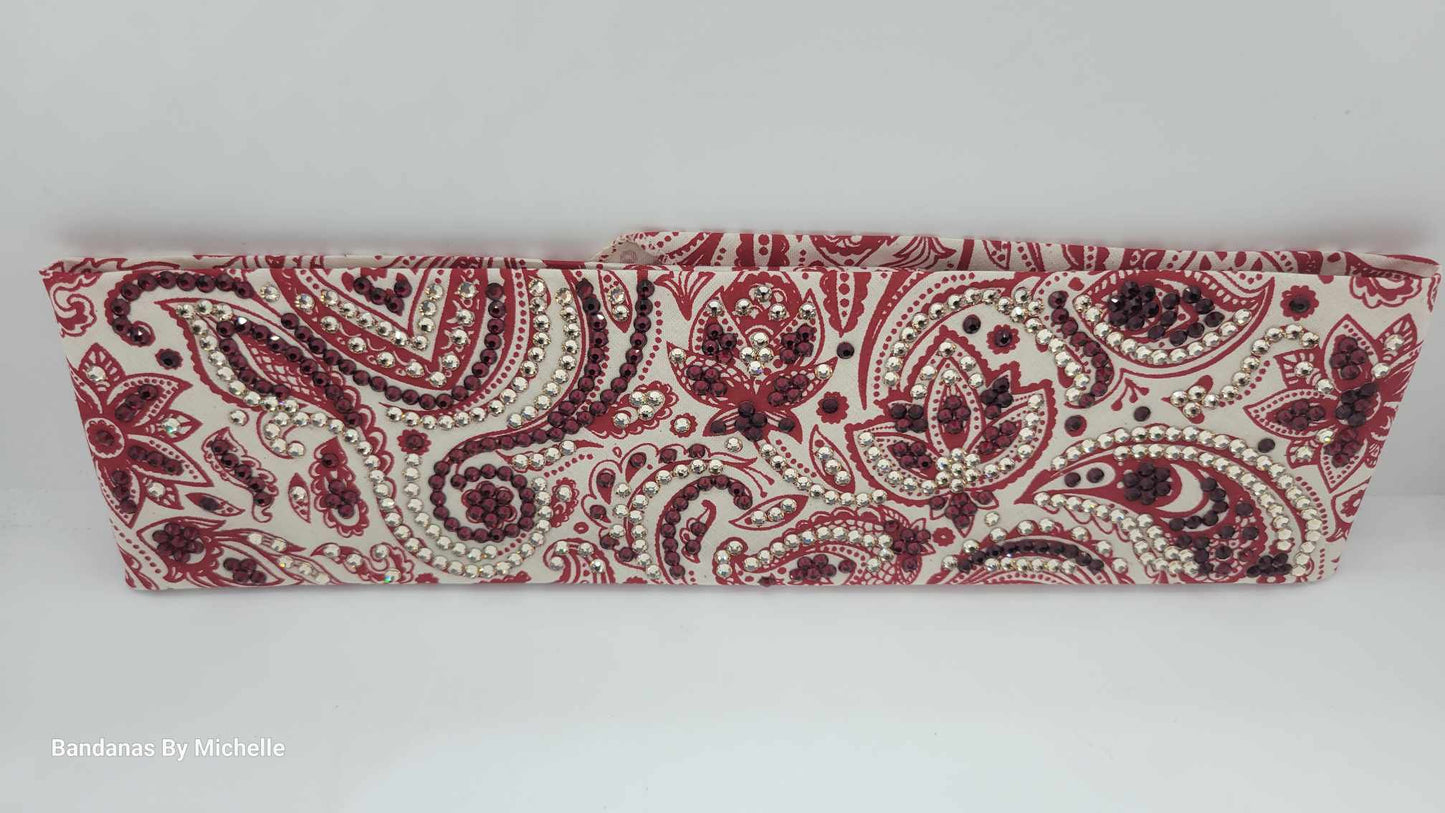 Super LeeAnnette Bandana Fancy Red and Cream Paisley with Dark Red and Honey Austrian Crystals (Sku4585)