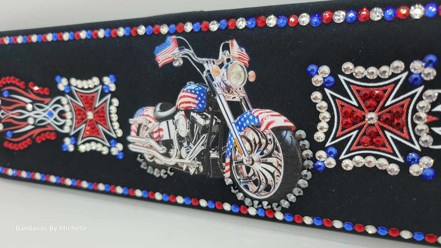 LeeAnnette Motorcycle on Black with Red, Blue and Diamond Clear Austrian Crystals (Sku4588)