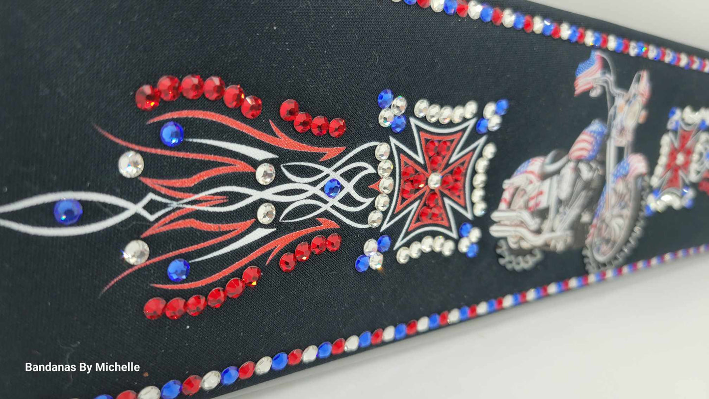 LeeAnnette Motorcycle on Black with Red, Blue and Diamond Clear Austrian Crystals (Sku4588)