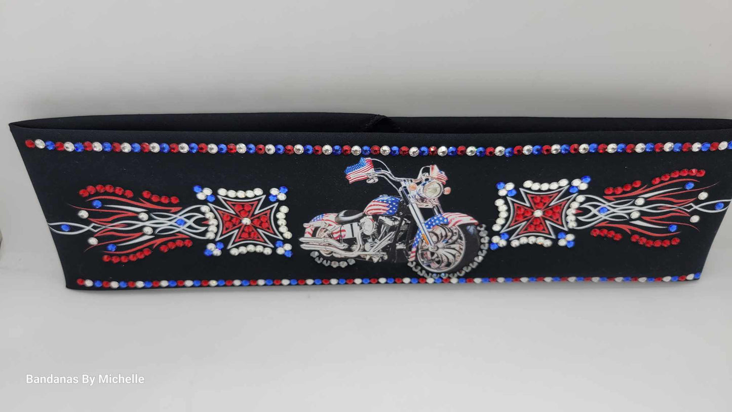 LeeAnnette Motorcycle on Black with Red, Blue and Diamond Clear Austrian Crystals (Sku4588)