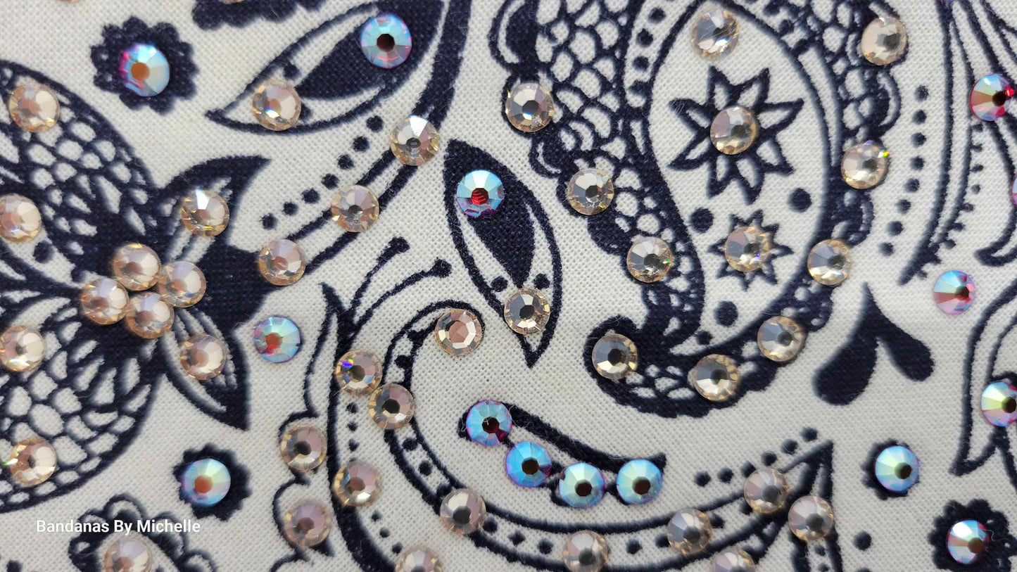 LeeAnnette Cream and Blue Fancy Paisley Bandana with Red Shimmer and Honey Austrian Crystals (Sku4590)