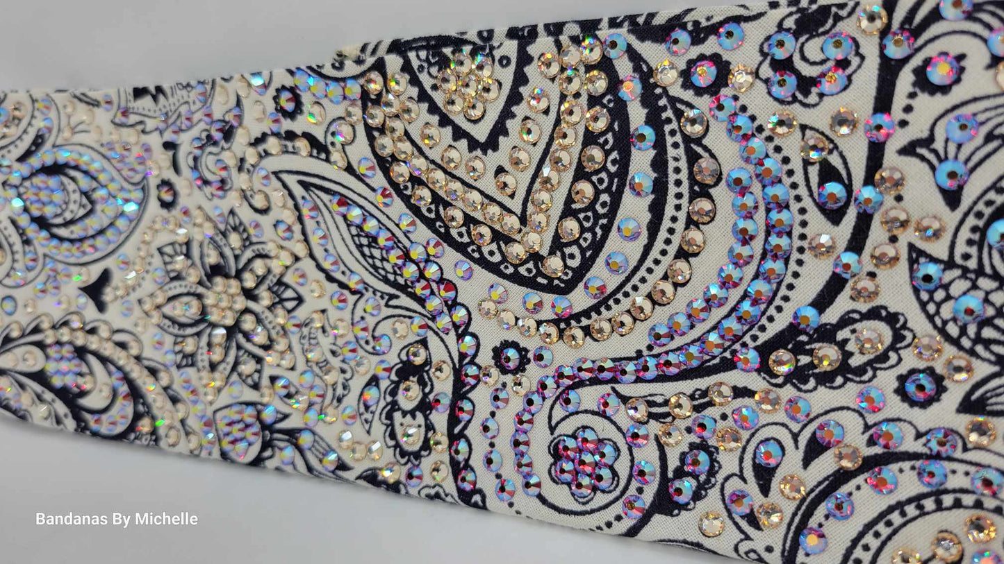 Super LeeAnnette Cream and Blue Fancy Paisley Bandana with Red Shimmer and Honey Austrian Crystals (Sku4591)