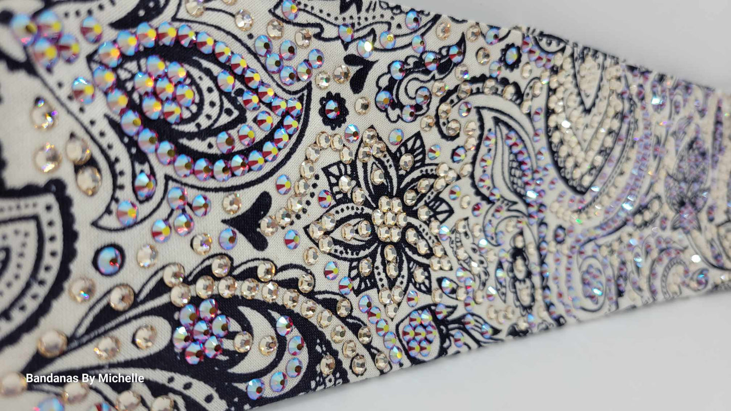 Super LeeAnnette Cream and Blue Fancy Paisley Bandana with Red Shimmer and Honey Austrian Crystals (Sku4591)