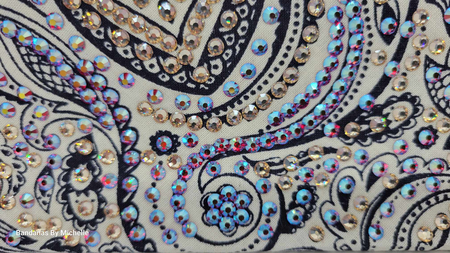 Super LeeAnnette Cream and Blue Fancy Paisley Bandana with Red Shimmer and Honey Austrian Crystals (Sku4591)