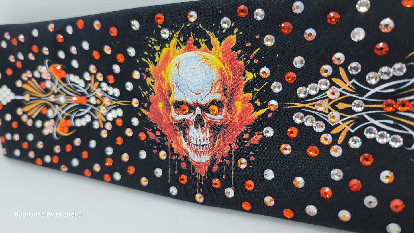 LeeAnnette Flame Skull and Pinstripes Bandana with Orange, Sun Shimmer and Diamond Clear Austrian Crystals (Sku4593)