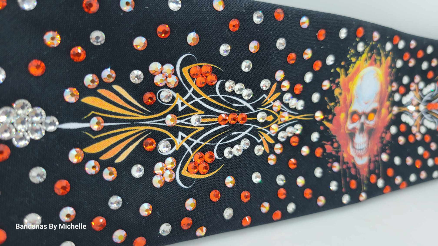 LeeAnnette Flame Skull and Pinstripes Bandana with Orange, Sun Shimmer and Diamond Clear Austrian Crystals (Sku4593)