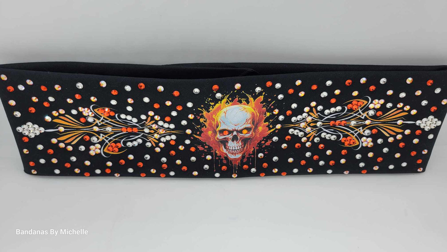 LeeAnnette Flame Skull and Pinstripes Bandana with Orange, Sun Shimmer and Diamond Clear Austrian Crystals (Sku4593)