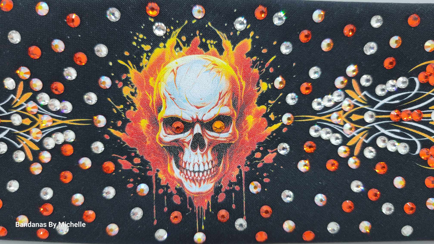 LeeAnnette Flame Skull and Pinstripes Bandana with Orange, Sun Shimmer and Diamond Clear Austrian Crystals (Sku4593)