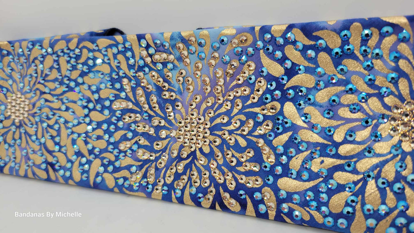 Super LeeAnnette Gold Flowers on Blue with Honey and Blue Shimmer Austrian Crystals (Sku4596)