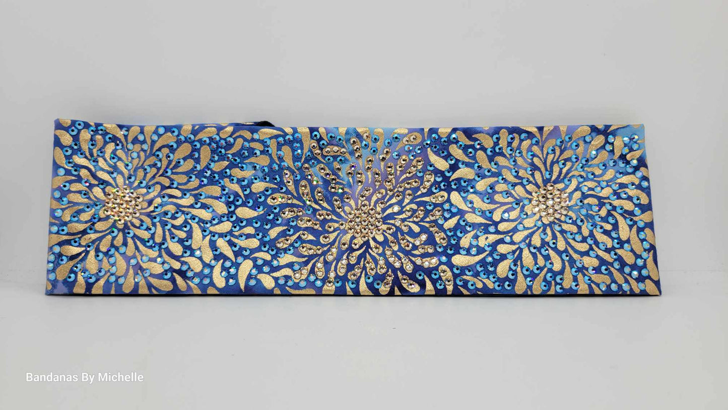 Super LeeAnnette Gold Flowers on Blue with Honey and Blue Shimmer Austrian Crystals (Sku4596)