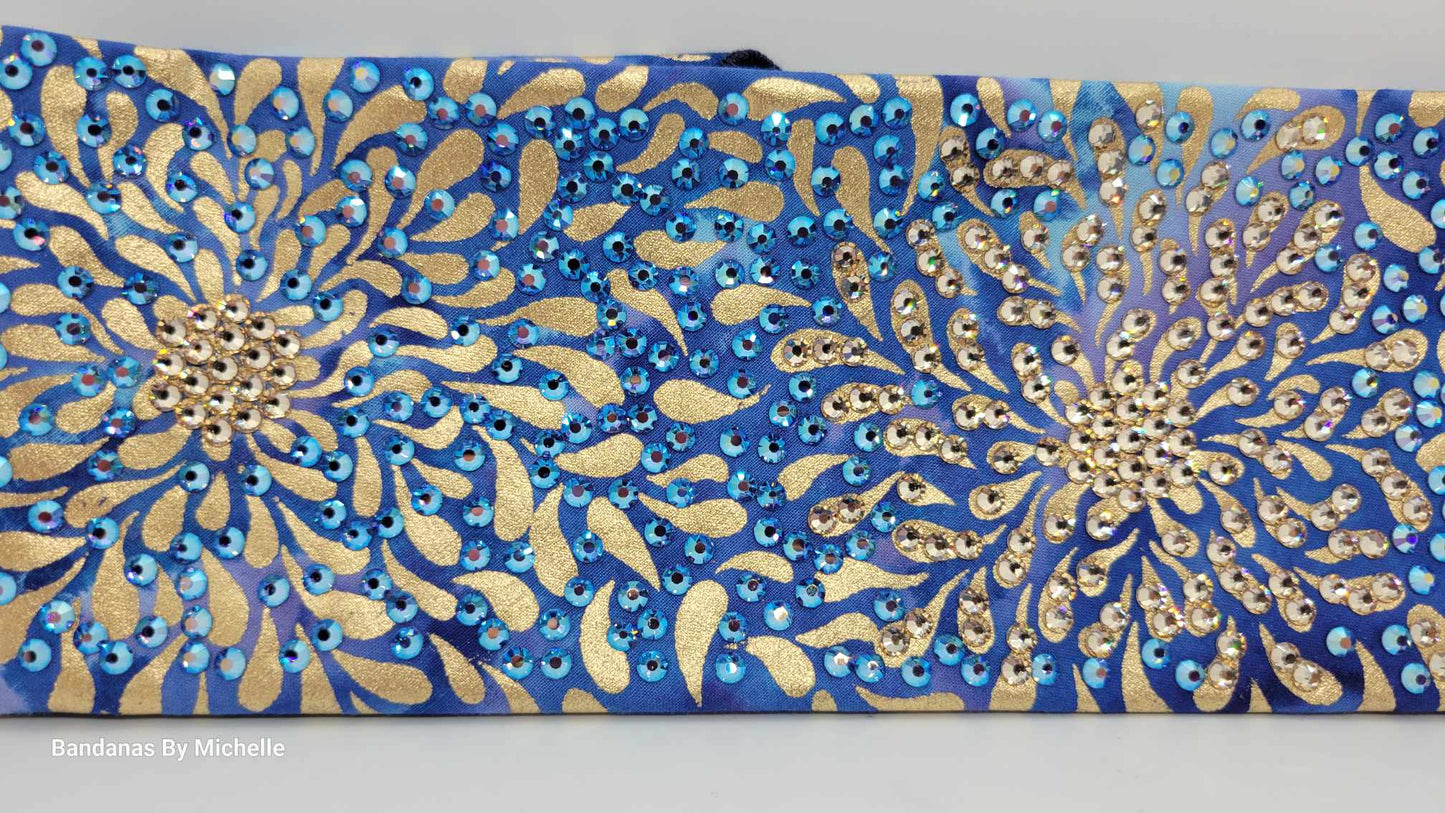 Super LeeAnnette Gold Flowers on Blue with Honey and Blue Shimmer Austrian Crystals (Sku4596)