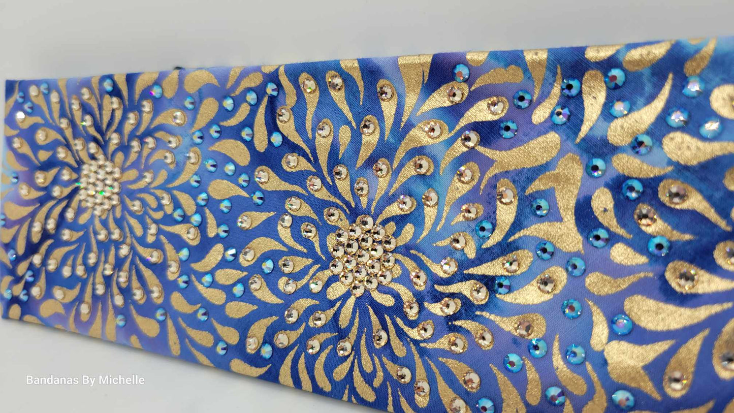 LeeAnnette Gold Flowers on Blue with Honey and Blue Shimmer Austrian Crystals (Sku4597)