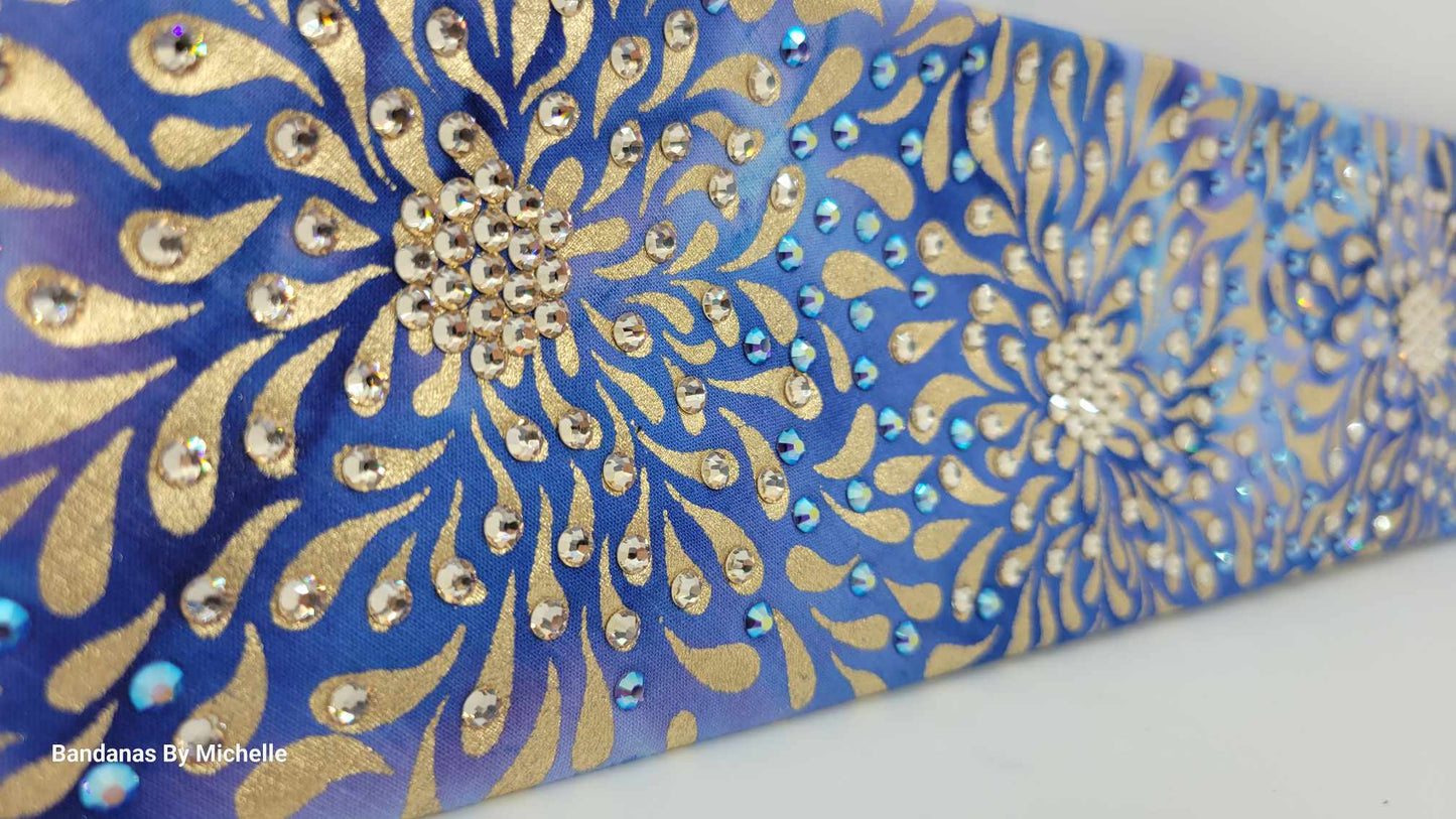 LeeAnnette Gold Flowers on Blue with Honey and Blue Shimmer Austrian Crystals (Sku4597)