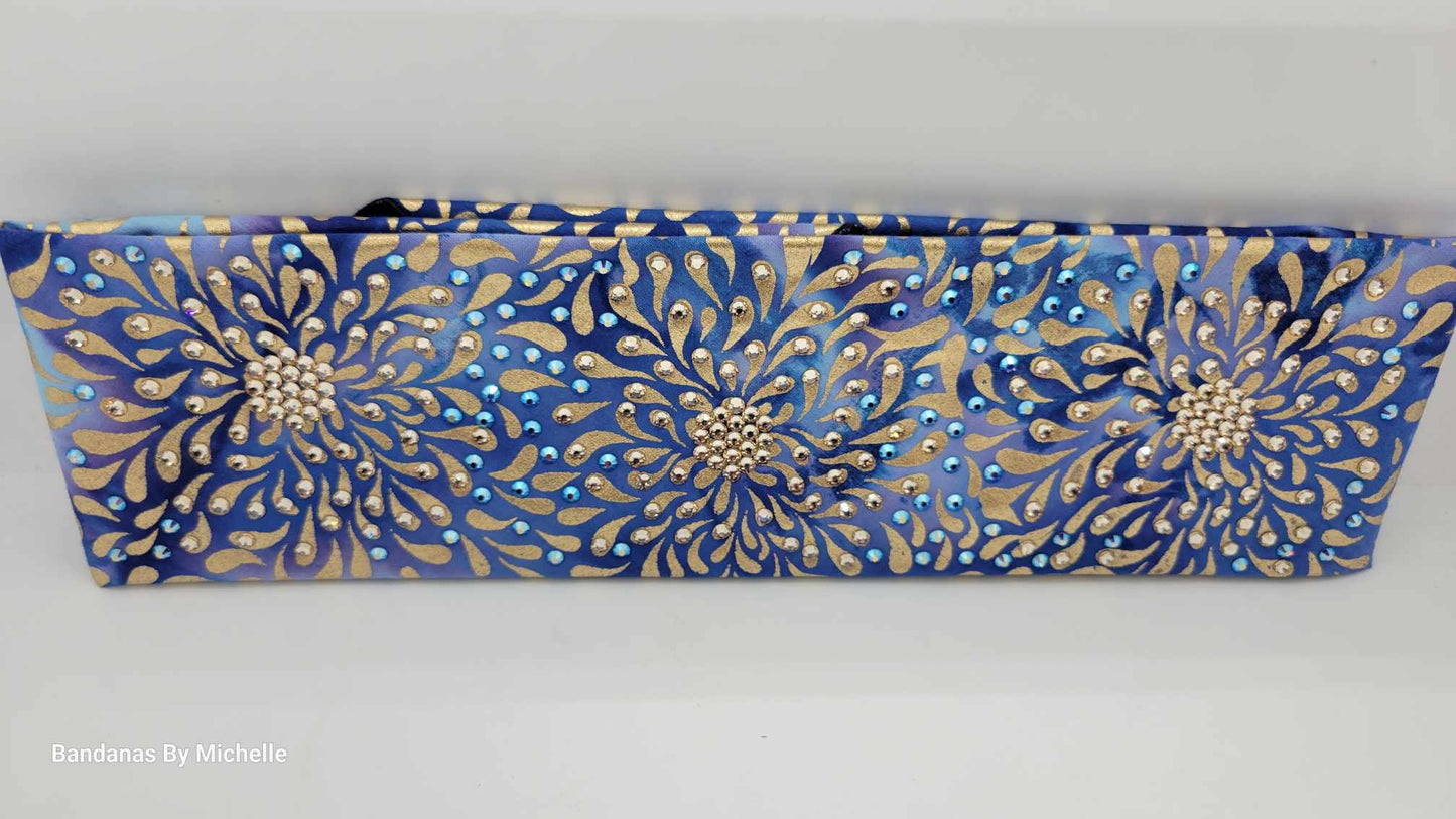LeeAnnette Gold Flowers on Blue with Honey and Blue Shimmer Austrian Crystals (Sku4597)