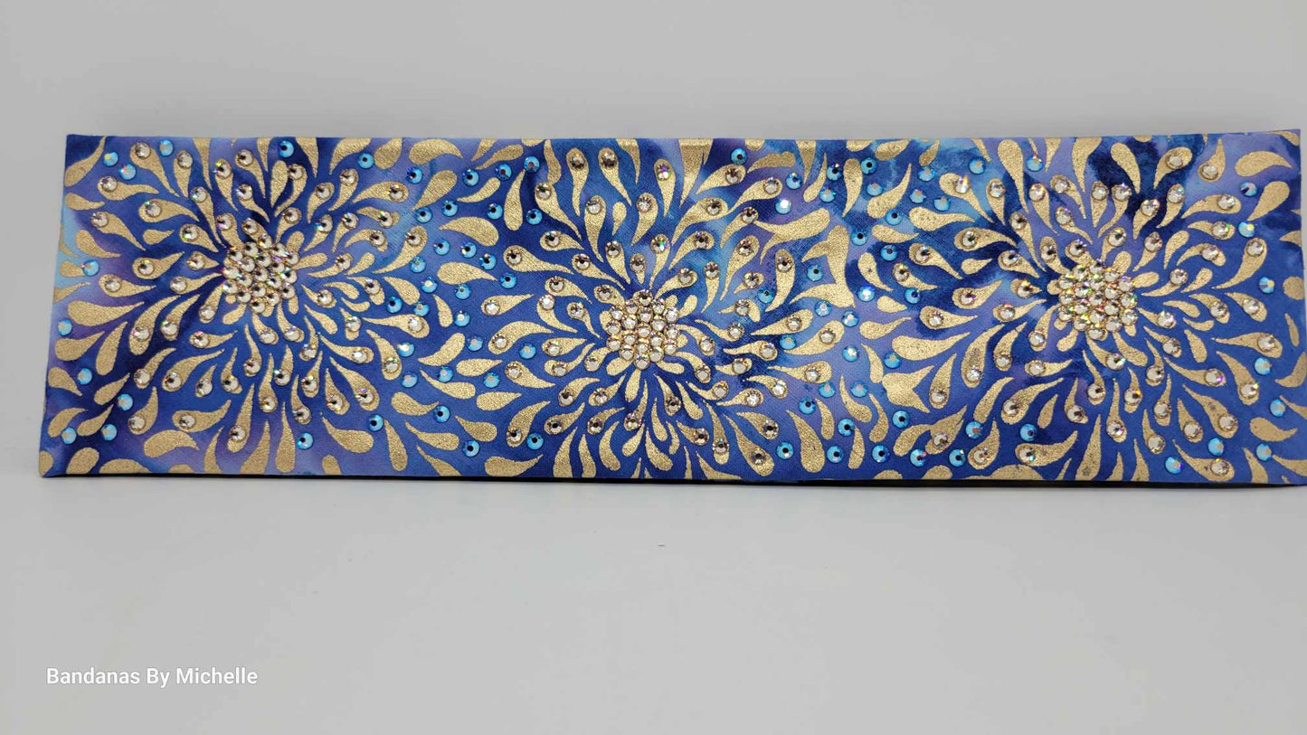 LeeAnnette Gold Flowers on Blue with Honey and Blue Shimmer Austrian Crystals (Sku4597)